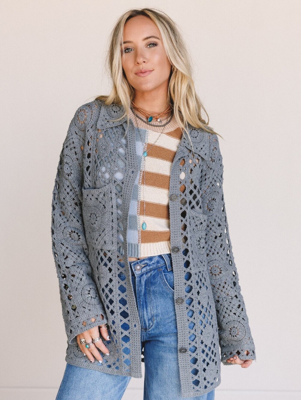 POL Marisela Crochet Button Down Sweater - One Size